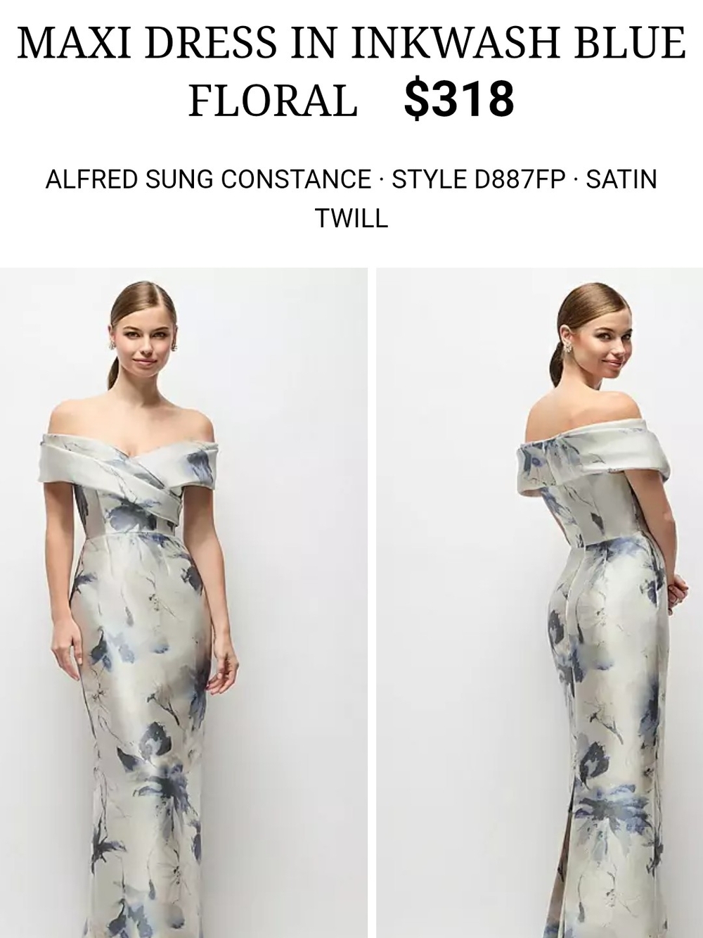 ALFRED SUNG Silver and Inkwash Blue Floral Off-Shoulder Maxi Dress